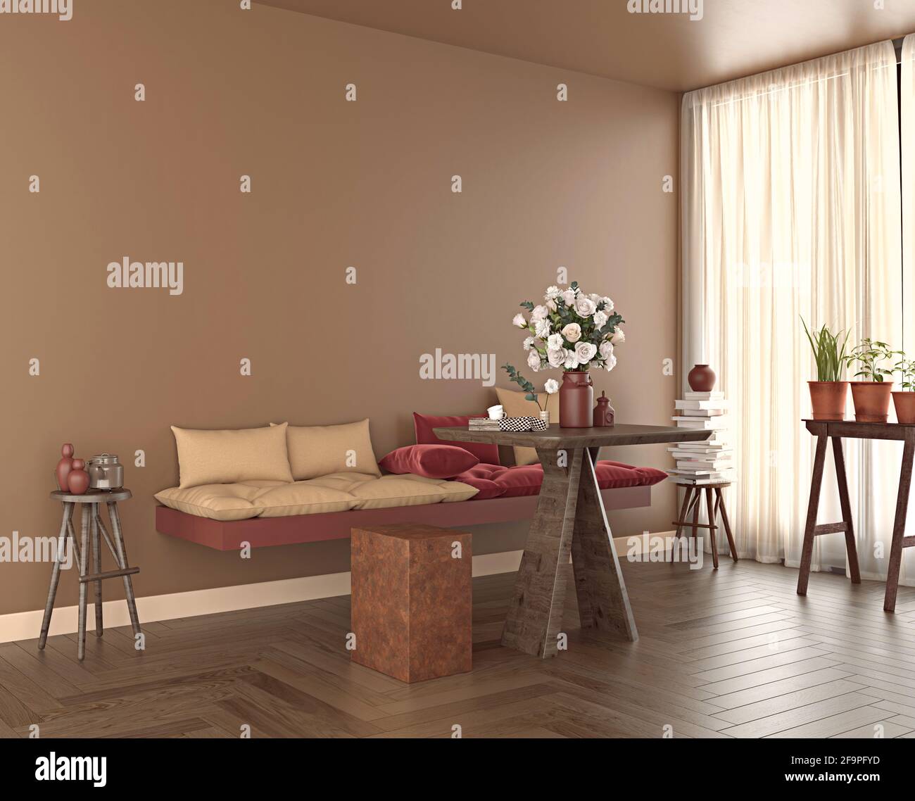 Modern Interior Dining Room Scandinavian Style Design With Popular Colors 2021 Wood Background Lots Of Flowers Bench With Pillows 3d Rendering Stock Photo Alamy