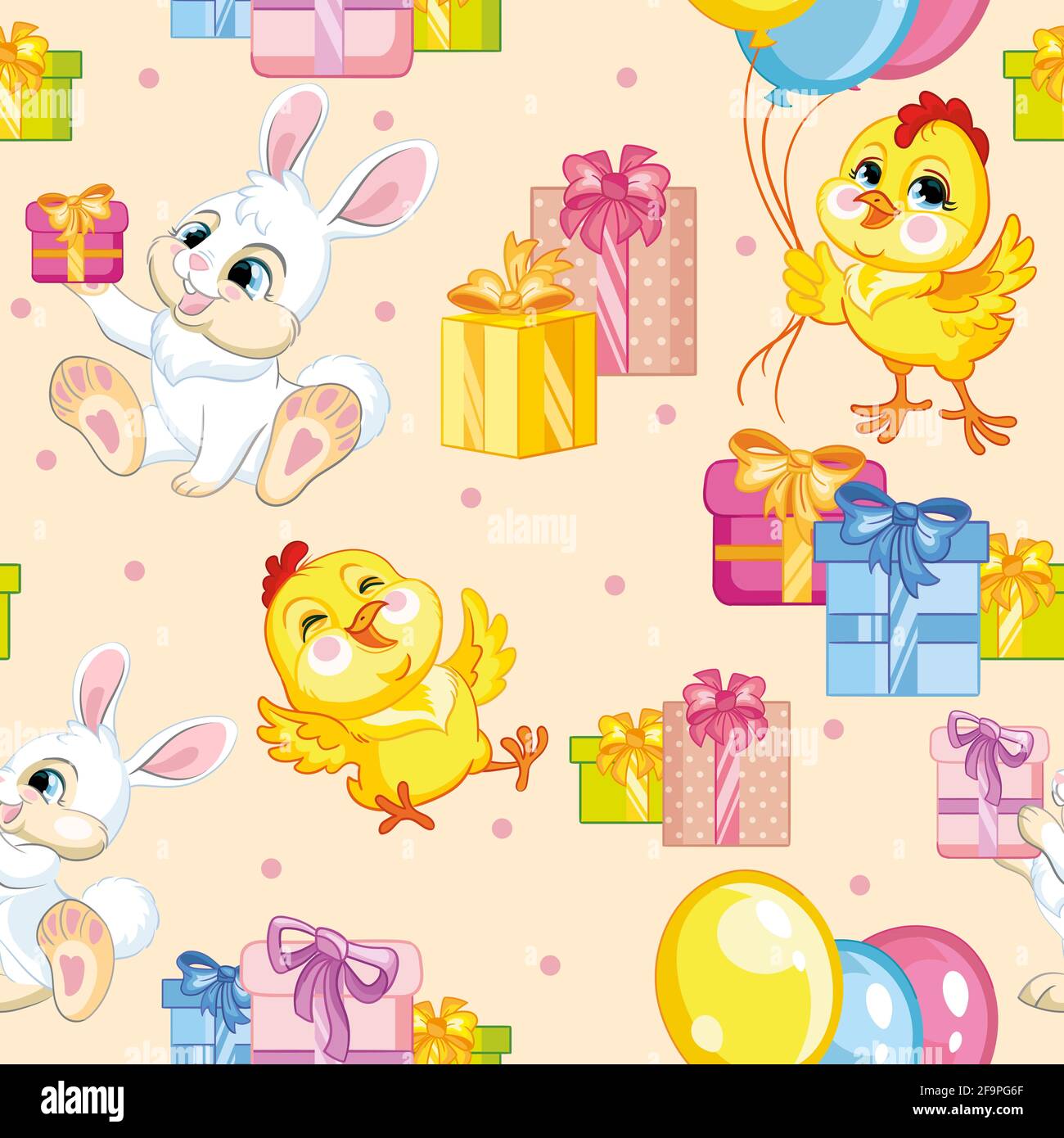 Seamless vector pattern with cute happy rabbits and chickens with presents. Colorful illustration vector background birthday concept. For print, t-shi Stock Vector
