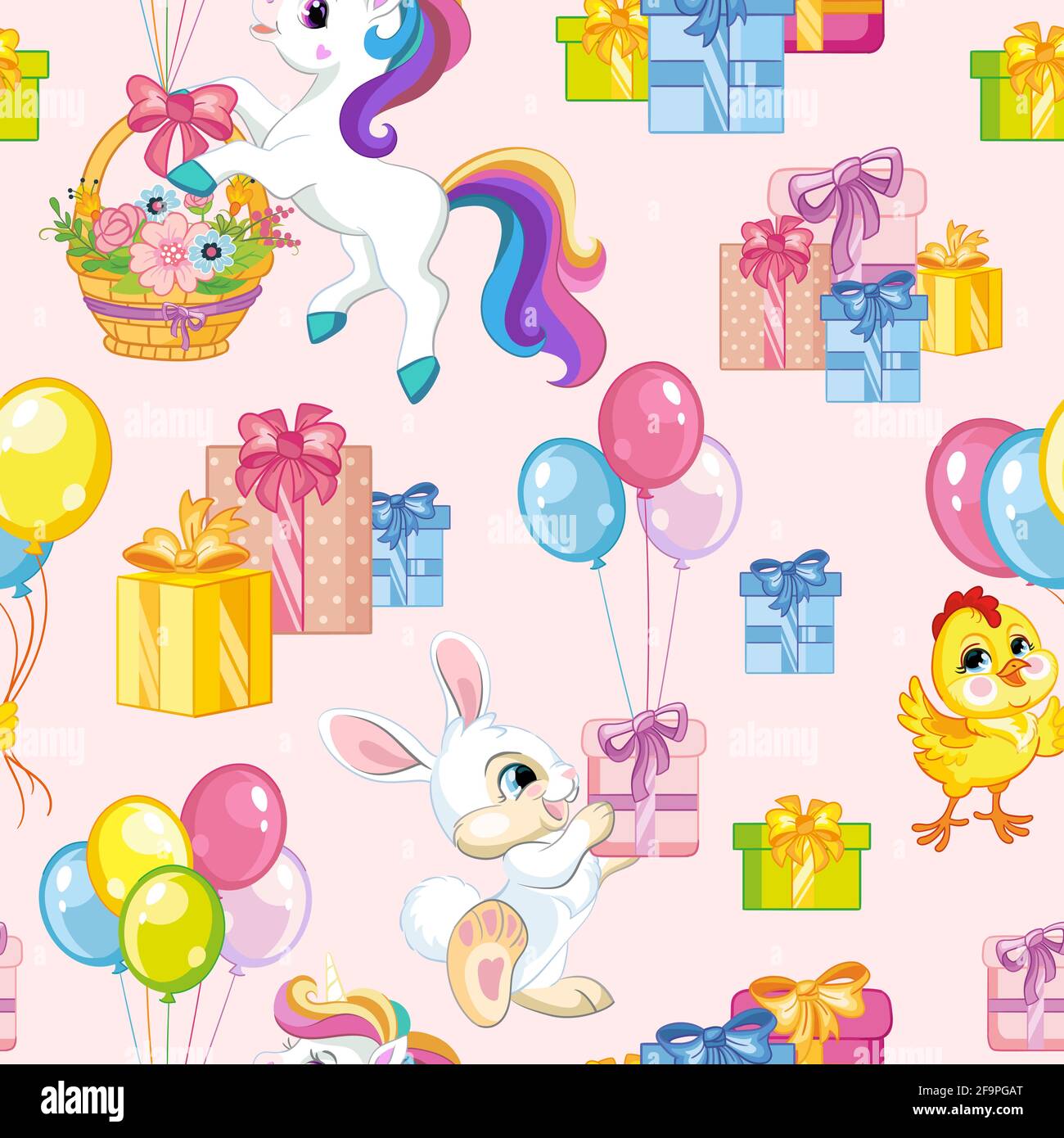 Seamless vector pattern with cute unicorns, rabbits and chicken with presents. Colorful illustration vector background birthday concept. For print, t- Stock Vector