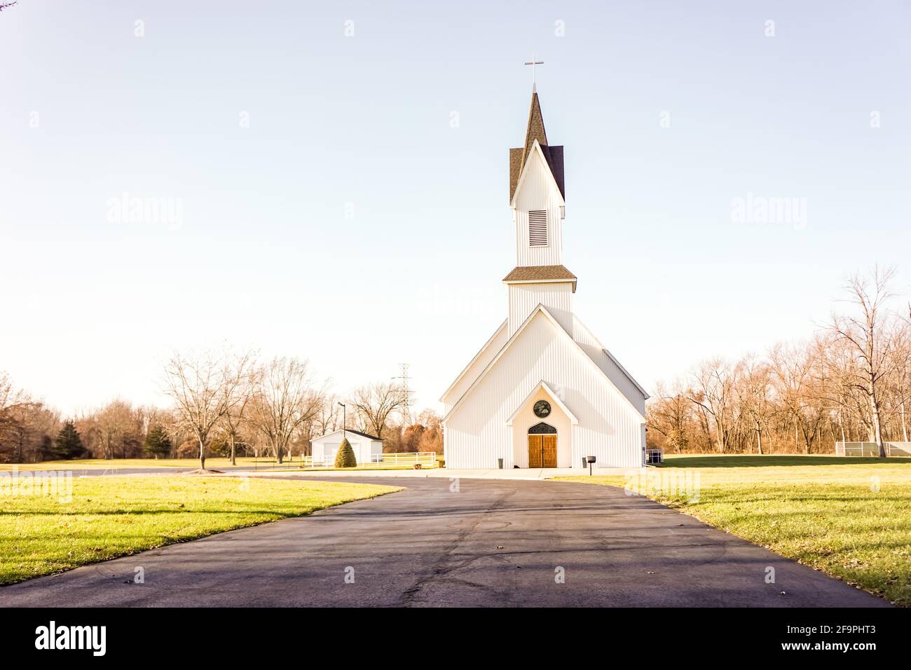 Beautiful white Presbyterian church in Hobart Indiana with a simple wooden build. Stock Photo