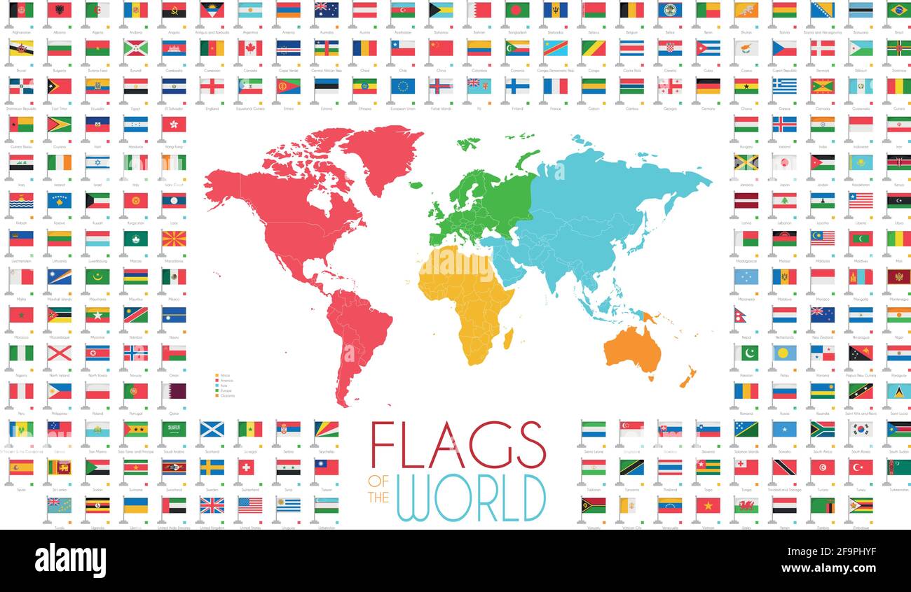 204 world flags with world map by continents vector illustration Stock Vector