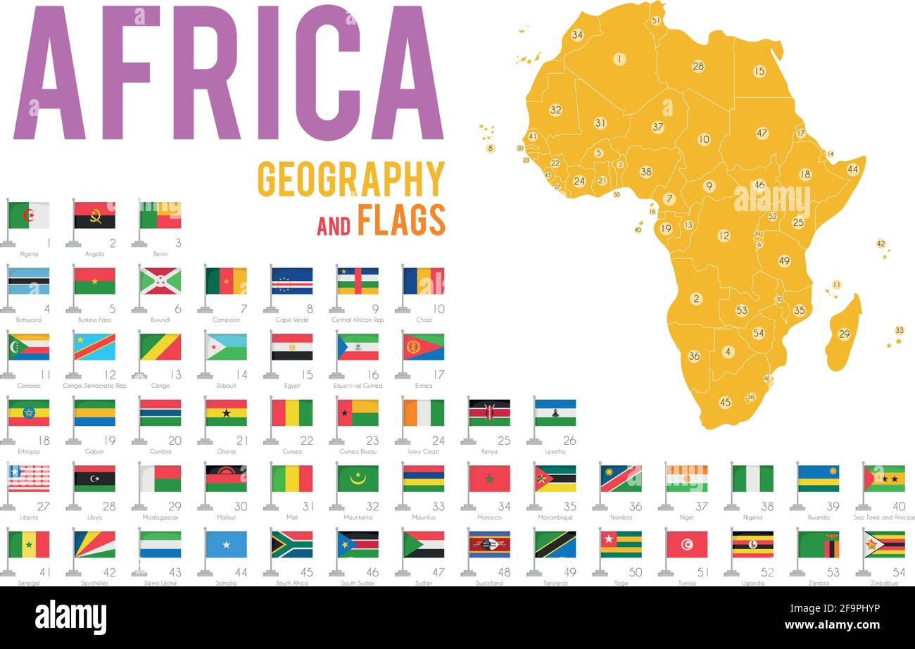 Set of 54 flags of Africa isolated on white background and map of Africa with countries situated on it. Stock Vector