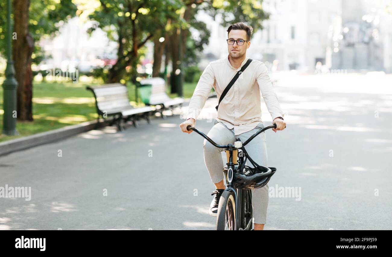 Way to office on urban street in morning, modern worker and active ...