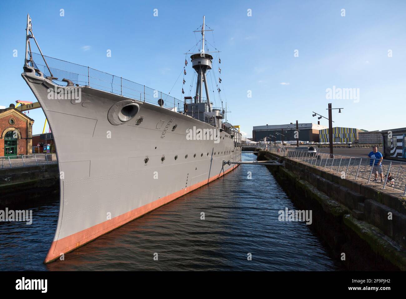 14.07.2019, Belfast, Northern Ireland, United Kingdom - HMS Caroline, British Navy cruiser and submarine hunter from ! World War in Titanic Quarter. H Stock Photo