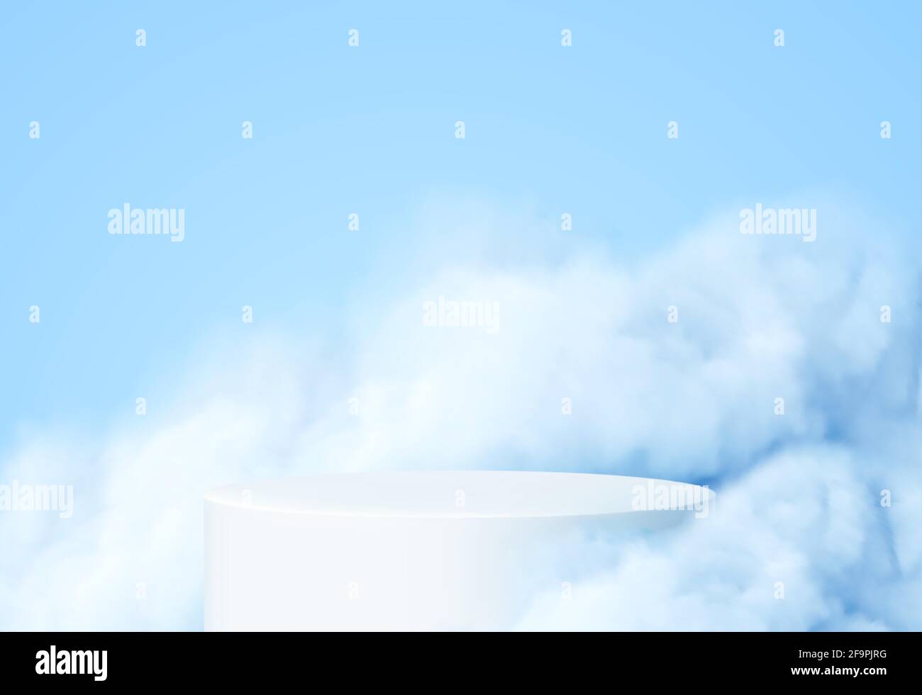 Blue background with a product podium surrounded by blue clouds. Smoke