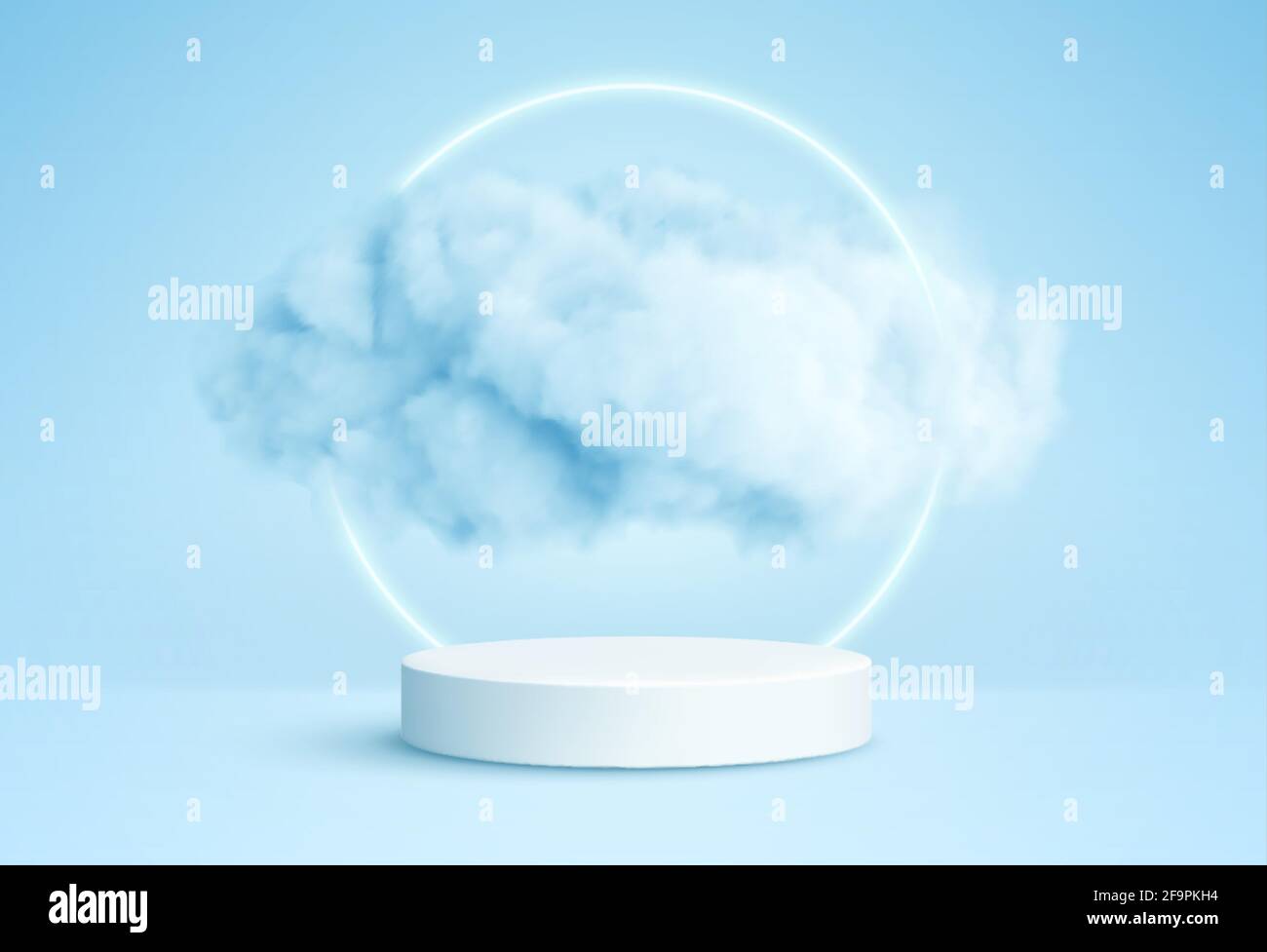 Realistic white fluffy clouds in product podium with neon circle on blue background. Cloud sky background for your design. Vector illustration Stock Vector