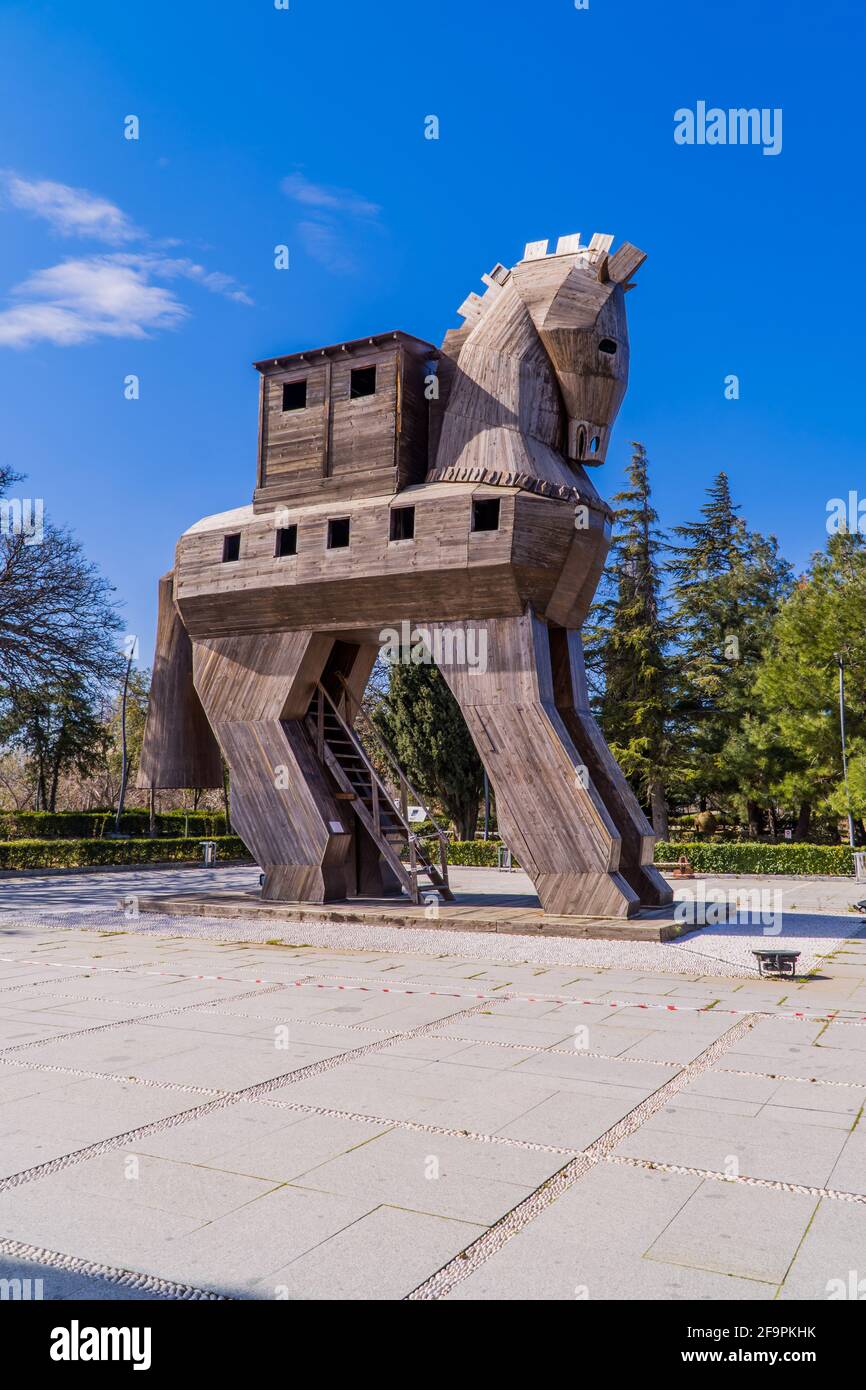 Troia, Turkey - March 2, 2021 - the mock Trojan horse in the entrance of the landmark site of the ancient city of Troy near Canakkale Stock Photo