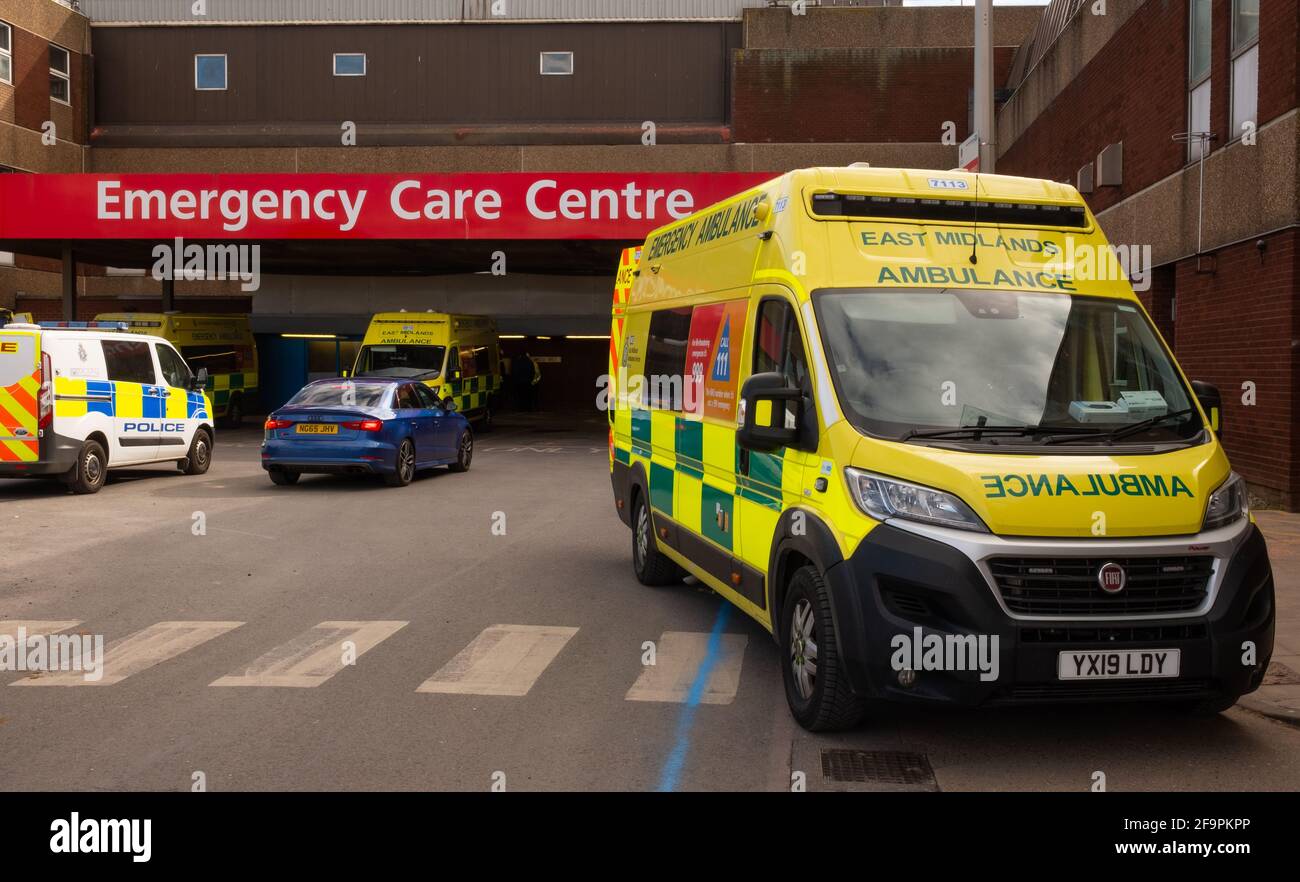 NHS Ambulances bring critically ill patients to the Emergency Care Centre of Diana Princess of Wales Hospital in Grimsby during the Covid19 pandemic. Stock Photo