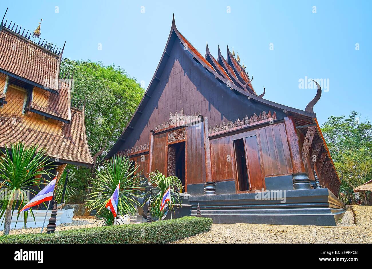 CHIANG RAI, THAILAND - MAY 11, 2019: The Main Sanctuary Hall of Black House (Baan Dam) complex is a fine example of the Lanna style architecture with Stock Photo