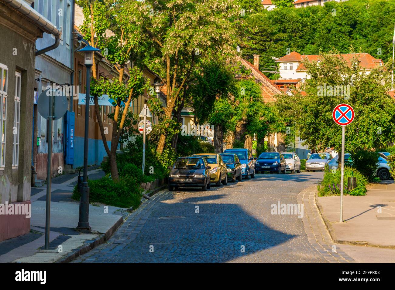 View of a narrow street in historical center of the hungarian town esztergom Stock Photo