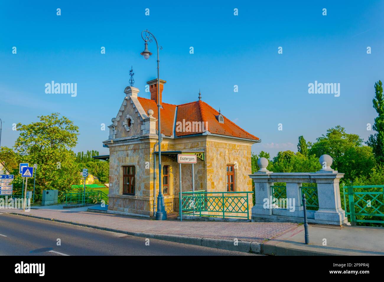 view of a customs house situated on the maria valeria bridge between esztergom and Sturovo in Hungary Stock Photo