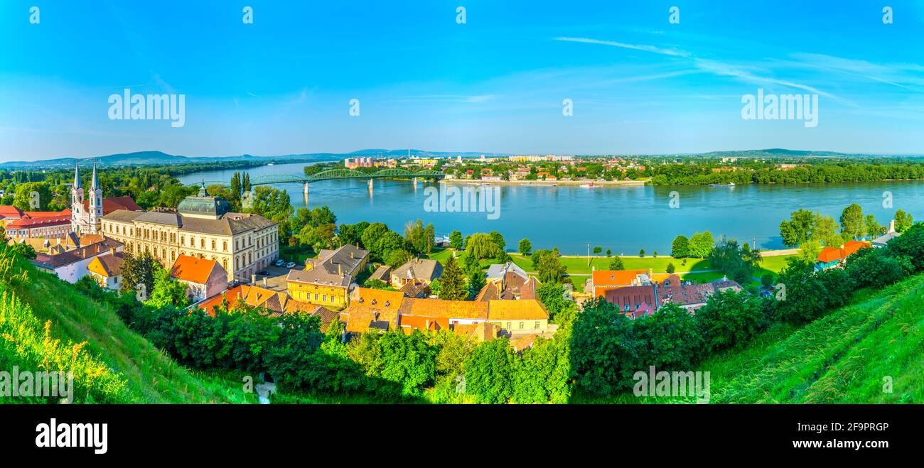 aerial view of the hungarian city esztergom, slovakian city sturovo and danube river including spires of the saint ignac church Stock Photo