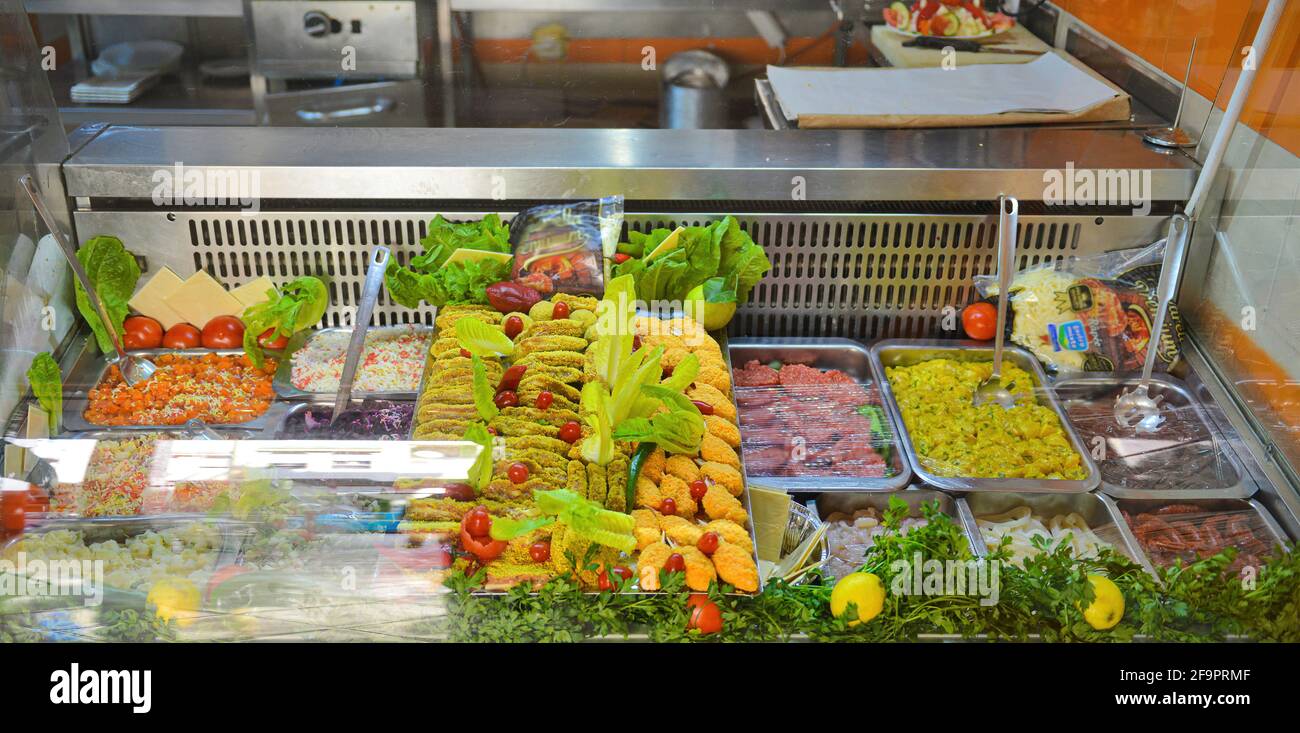 Sandwich shop. Various cuisines at the front of a sandwich shop in