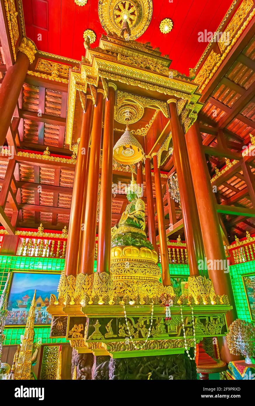 CHIANG RAI, THAILAND - MAY 11, 2019: The Emerald Buddha copy or the Phra Yok Chiang Rai Image in Ubosot of Wat Phra Kaew Temple, on May 11 in Chiang R Stock Photo