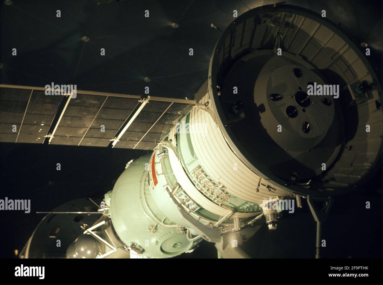 American Apollo spacecraft docked to Russian Soyuz via Apollo Soyuz Test Project (ASTP) docking adapter, Paris Air Show (30/05/73) Stock Photo