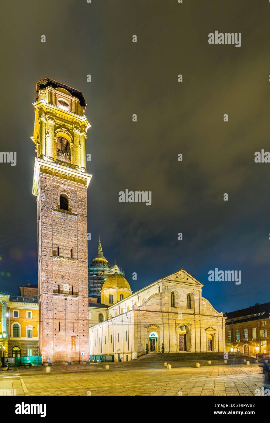 night view of the Torino Cathedral. Inside is the Chapel of the Holy Shroud (the current resting place of the Shroud of Turin) Stock Photo