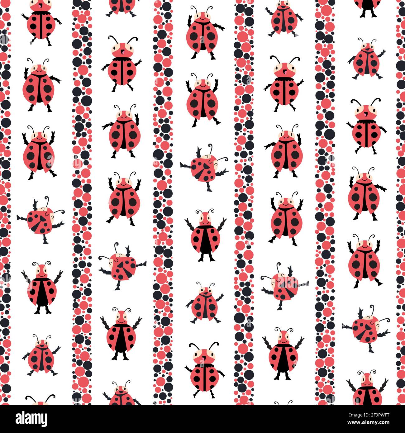 Cute dancing ladybirds stripe seamless vector pattern background. Kawaii ladybugs in childlike drawing style with vertical dot bubble fill stripes Stock Vector