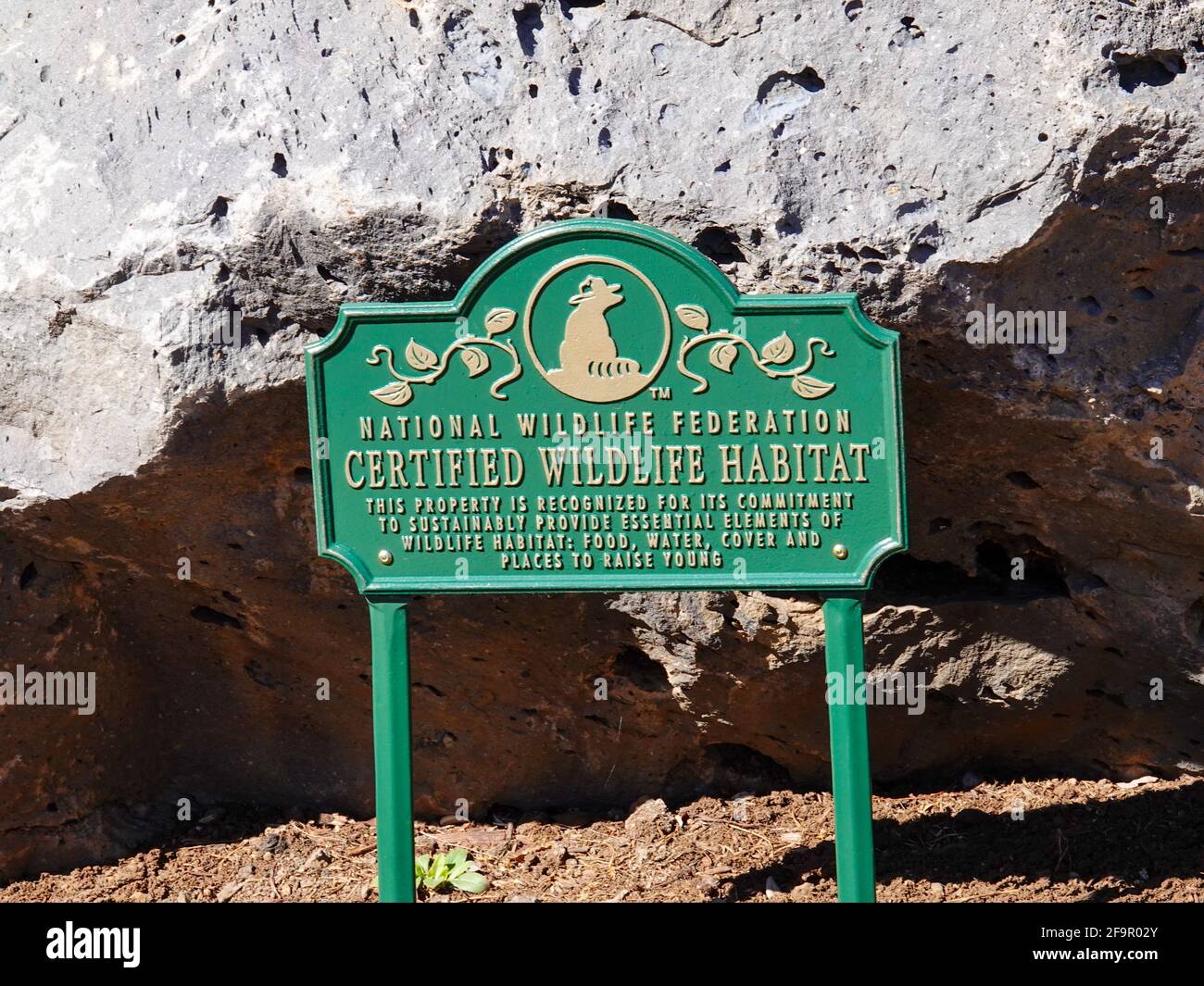 National Wildlife Federation, Certified Wildlife Habitat Sign in Sawmill County Park, Flagstaff, Arizona, USA. Stock Photo