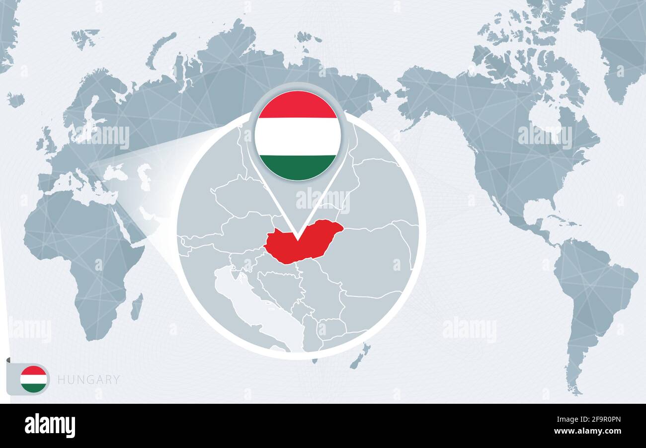 Pacific Centered World Map With Magnified Hungary Flag And Map Of Pacific Centered World Map With Magnified Hungary Flag And Map Of Hungary On Asia In Center World Map 2F9R0PN 