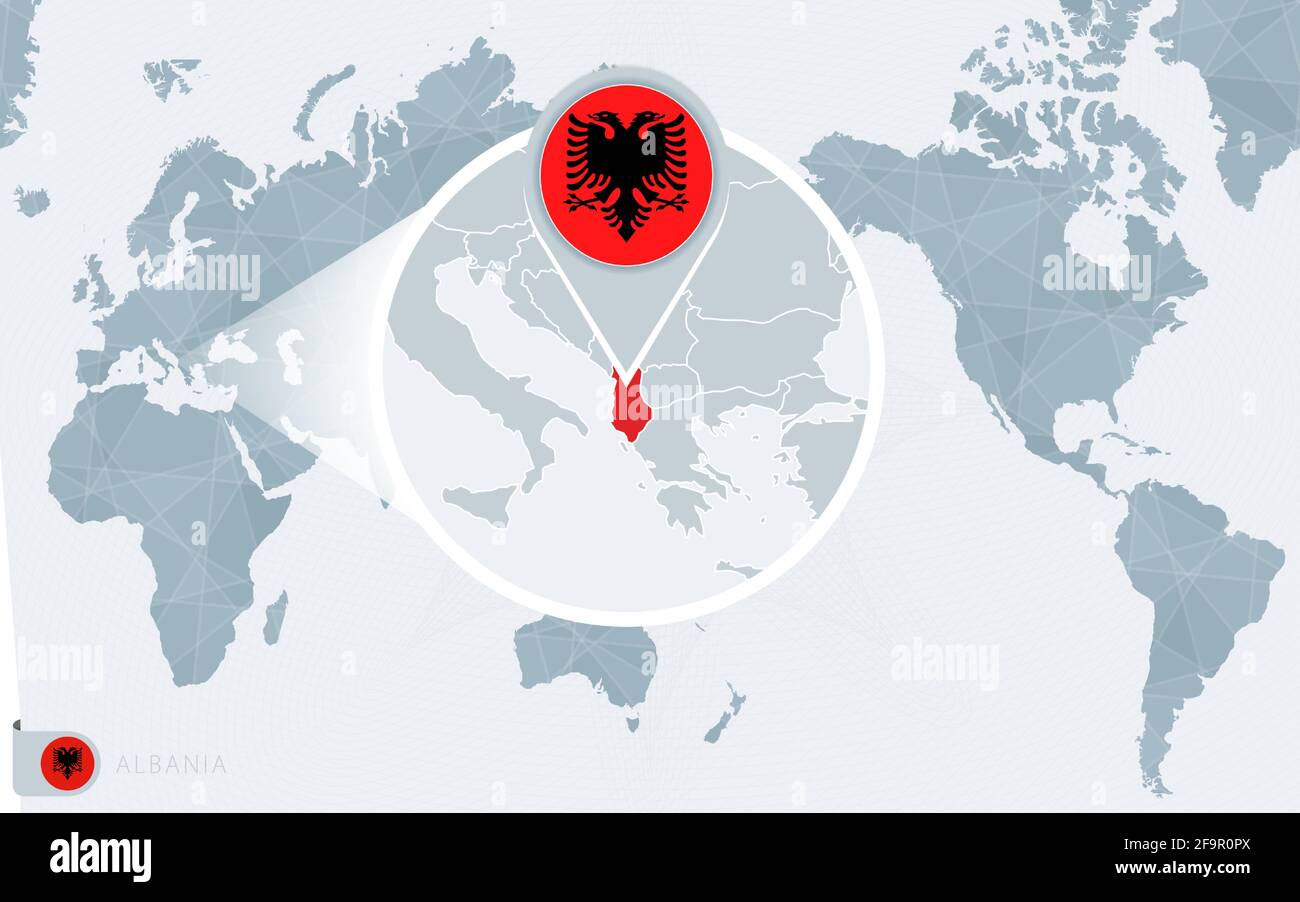 Albania World Map Pacific Centered World Map With Magnified Albania Flag And Map Of Albania On Asia In Center World Map 2F9R0PX
