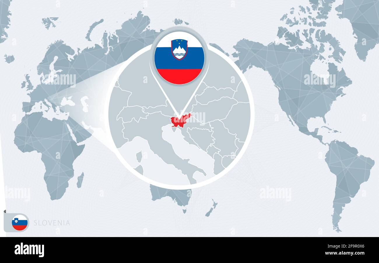 Pacific Centered World Map With Magnified Slovenia Flag And Map Of Pacific Centered World Map With Magnified Slovenia Flag And Map Of Slovenia On Asia In Center World Map 2F9R0X6 