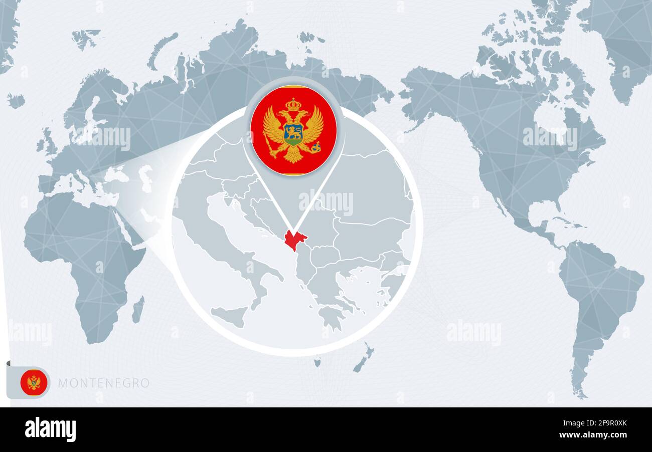 Pacific Centered World Map With Magnified Montenegro Flag And Map Of Pacific Centered World Map With Magnified Montenegro Flag And Map Of Montenegro On Asia In Center World Map 2F9R0XK