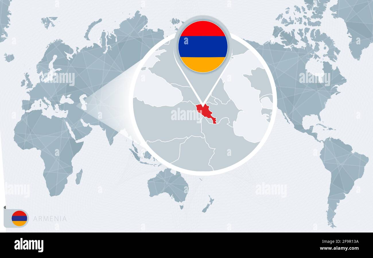 Pacific Centered World Map With Magnified Armenia Flag And Map Of   Pacific Centered World Map With Magnified Armenia Flag And Map Of Armenia On Asia In Center World Map 2F9R13A 