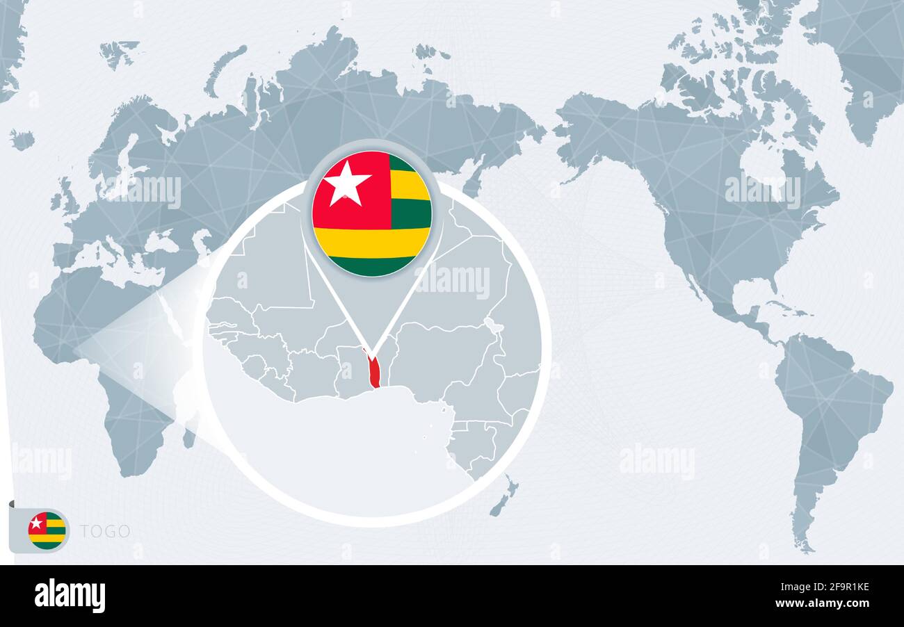 Pacific Centered World Map With Magnified Togo Flag And Map Of Togo On Pacific Centered World Map With Magnified Togo Flag And Map Of Togo On Asia In Center World Map 2F9R1KE 