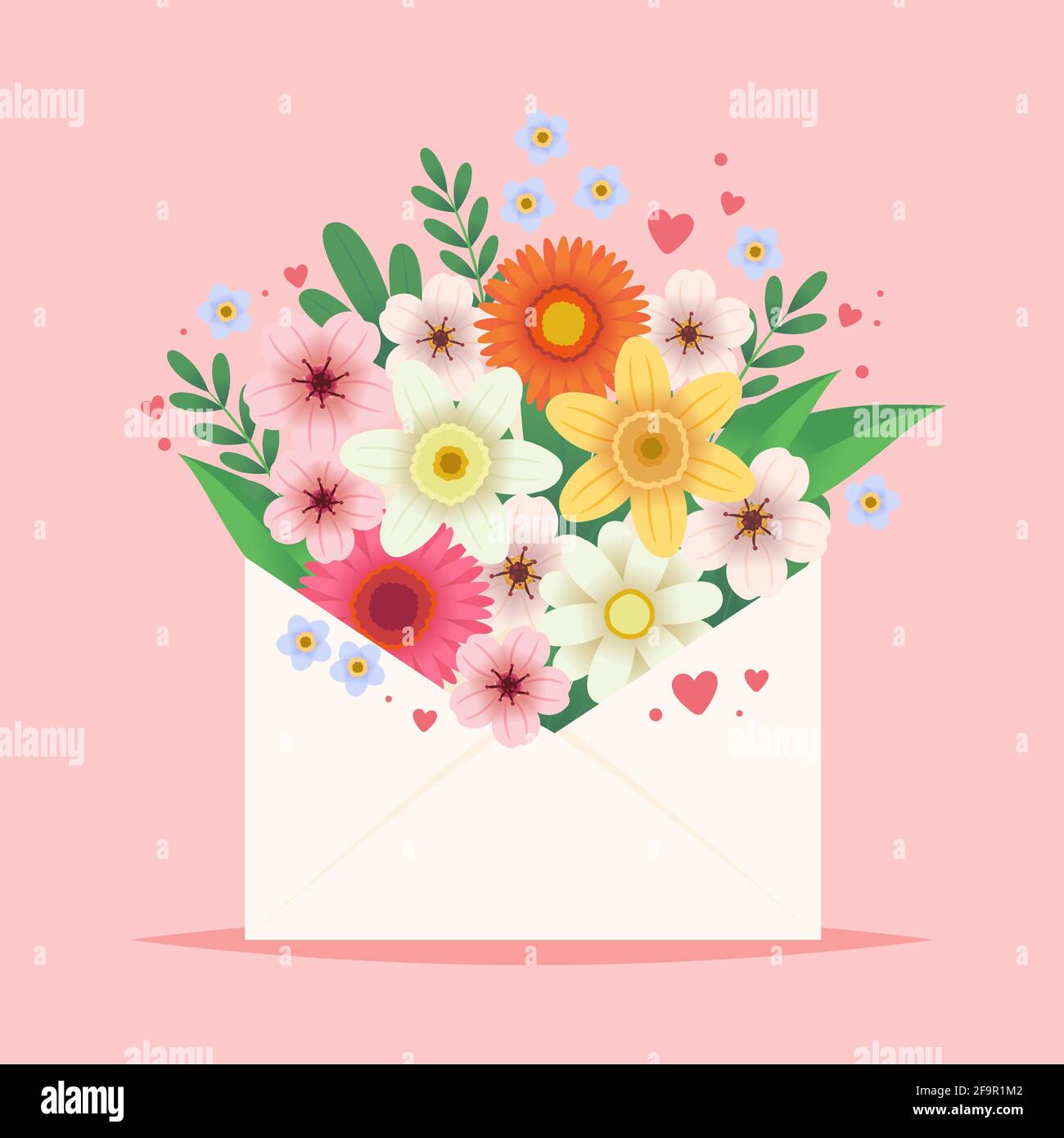 Flowers in an envelope. Cute Mother s day or Valentine greeting card. Vector illustration Stock Vector