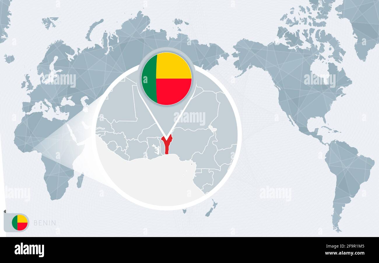 Pacific Centered World Map With Magnified Benin Flag And Map Of Benin Pacific Centered World Map With Magnified Benin Flag And Map Of Benin On Asia In Center World Map 2F9R1M5
