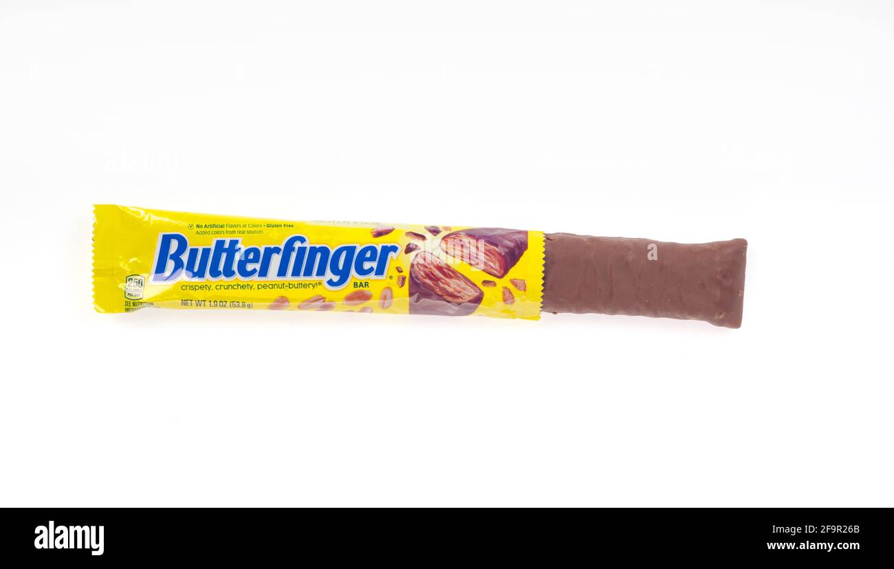 Butterfinger Candy Bar by Ferrara Candy company, a division of Ferrero isolated on white background Stock Photo