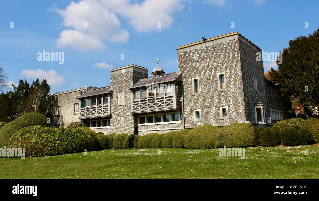 West Dean College near Chichester, West Sussex. The former home of surrealist Edward James. Photograph taken on beautiful spring day. Stock Photo