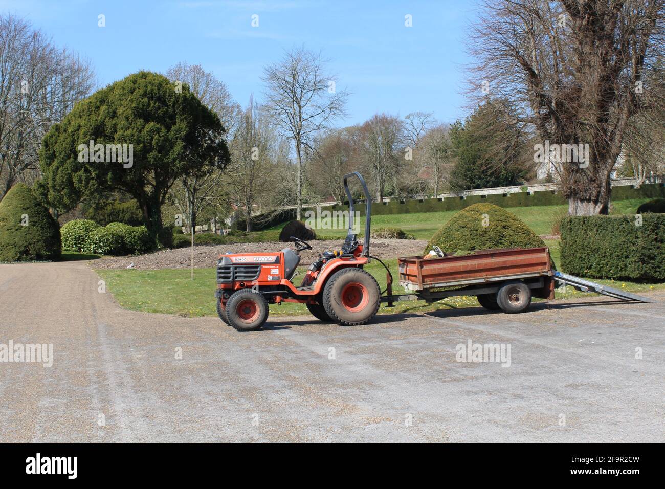 Mini tractor and trailer at West Dean Gardens, Chichester, West Sussex