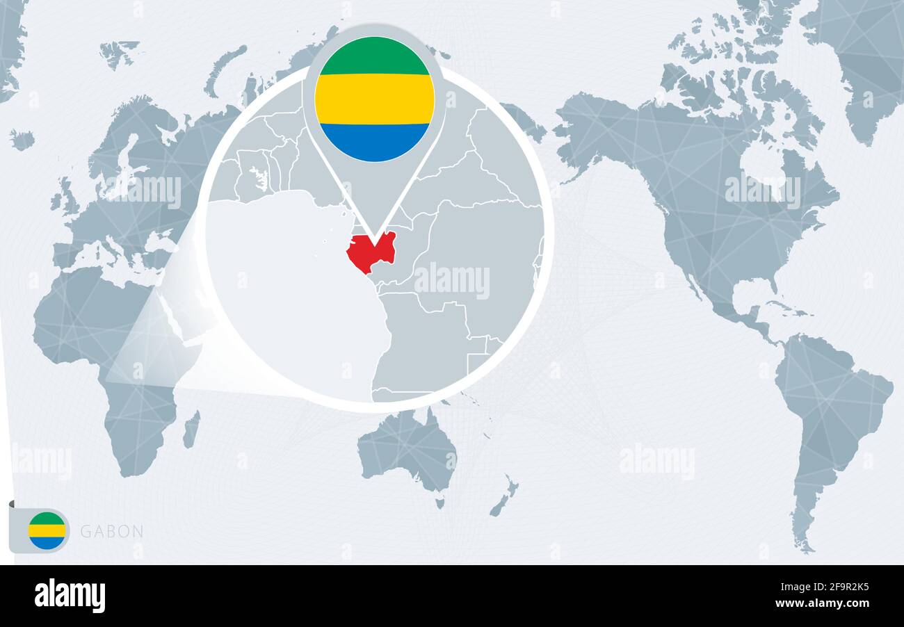 Pacific Centered World Map With Magnified Gabon Flag And Map Of Gabon Pacific Centered World Map With Magnified Gabon Flag And Map Of Gabon On Asia In Center World Map 2F9R2K5 