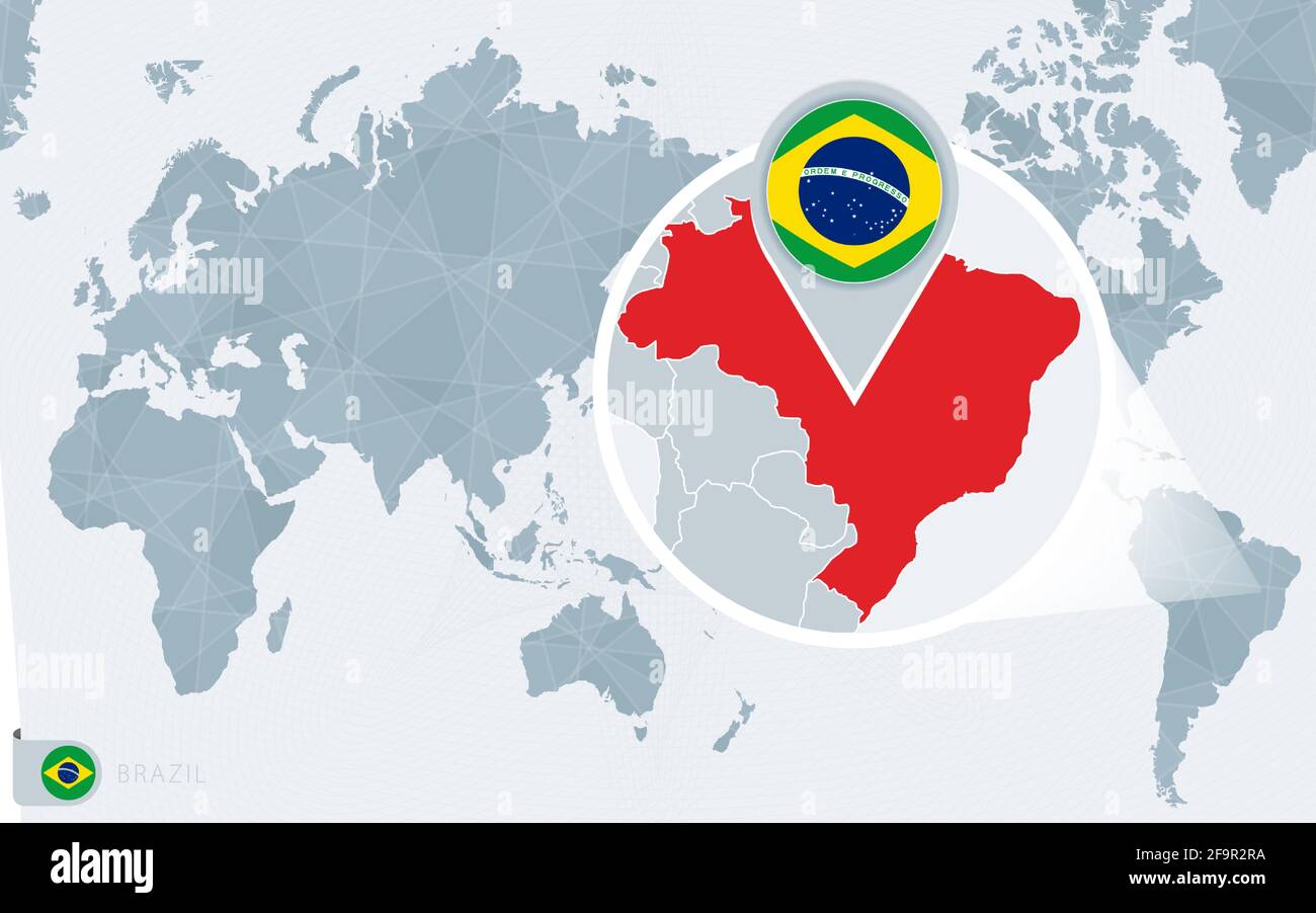 Pacific Centered World Map With Magnified Brazil Flag And Map Of Pacific Centered World Map With Magnified Brazil Flag And Map Of Brazil On Asia In Center World Map 2F9R2RA 