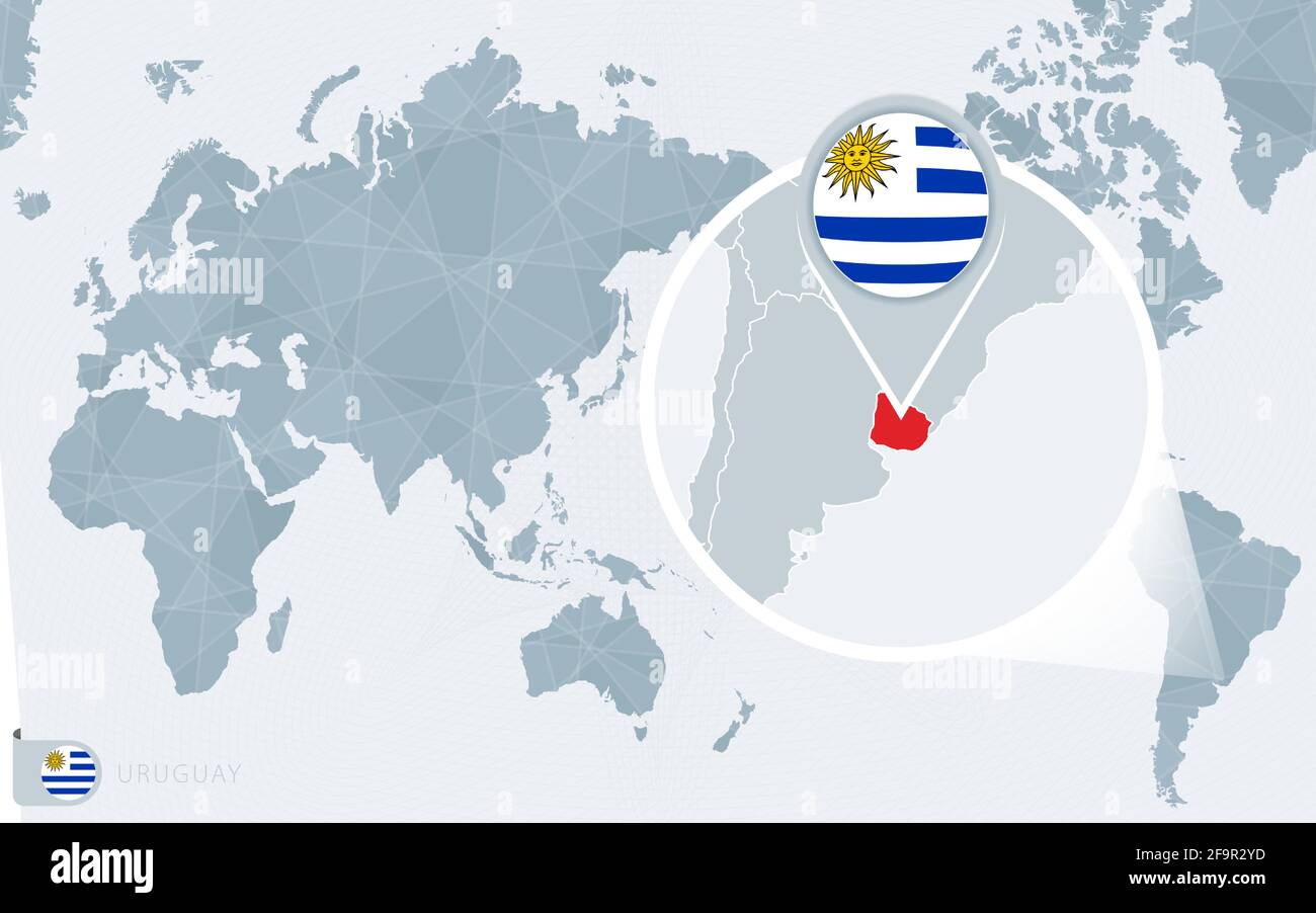Pacific Centered World map with magnified Uruguay. Flag and map of Uruguay on Asia in Center World Map. Stock Vector