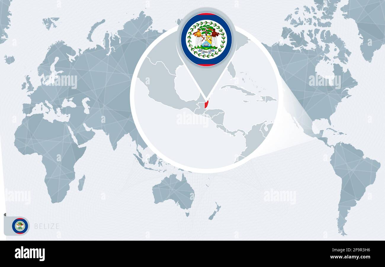 Pacific Centered World Map With Magnified Belize Flag And Map Of Pacific Centered World Map With Magnified Belize Flag And Map Of Belize On Asia In Center World Map 2F9R3H6 