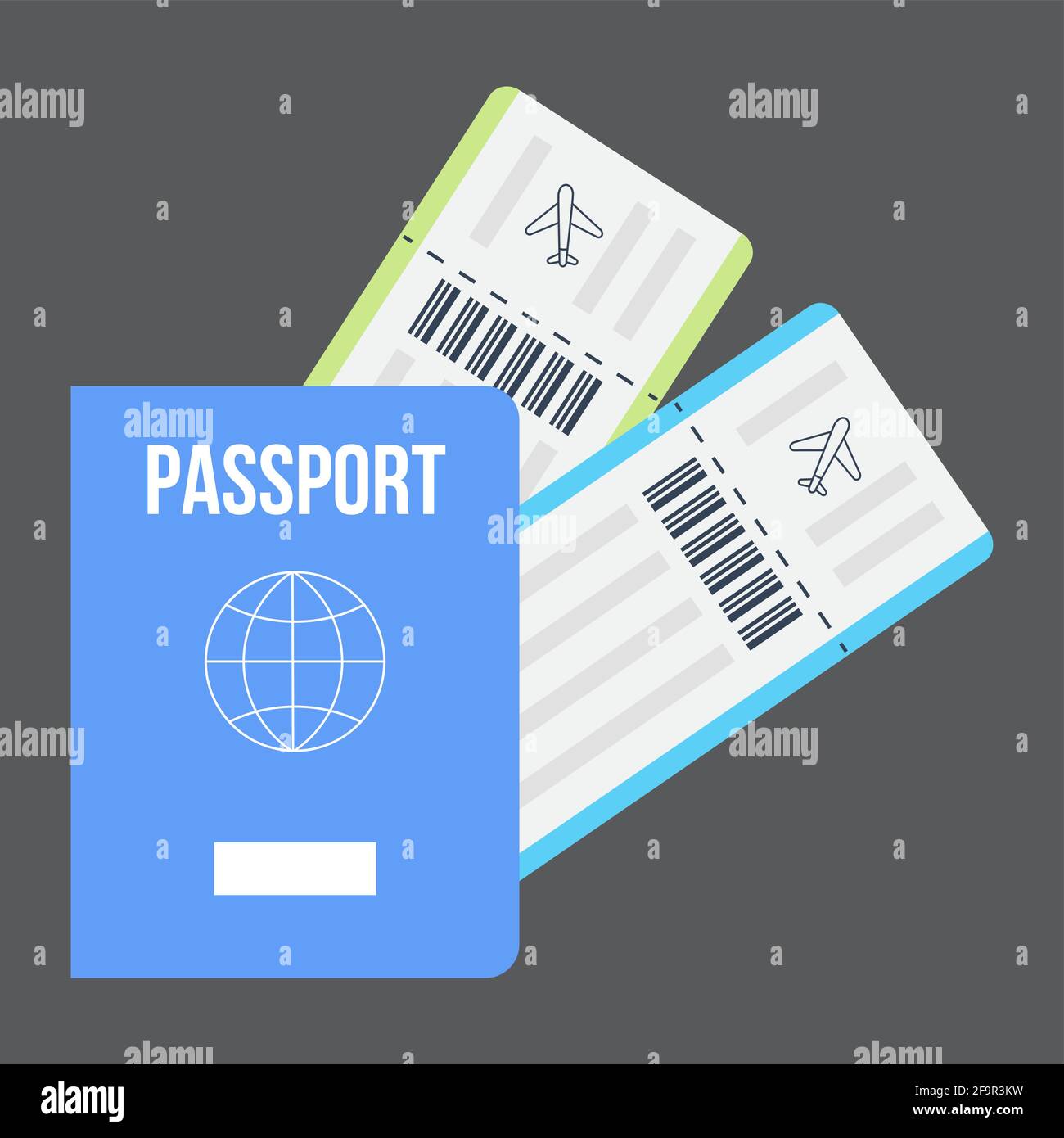 Passport with airline tickets. Boarding icon vector. Travel symbol, pass document on airplane. Blank of jet ticket. Stock Vector