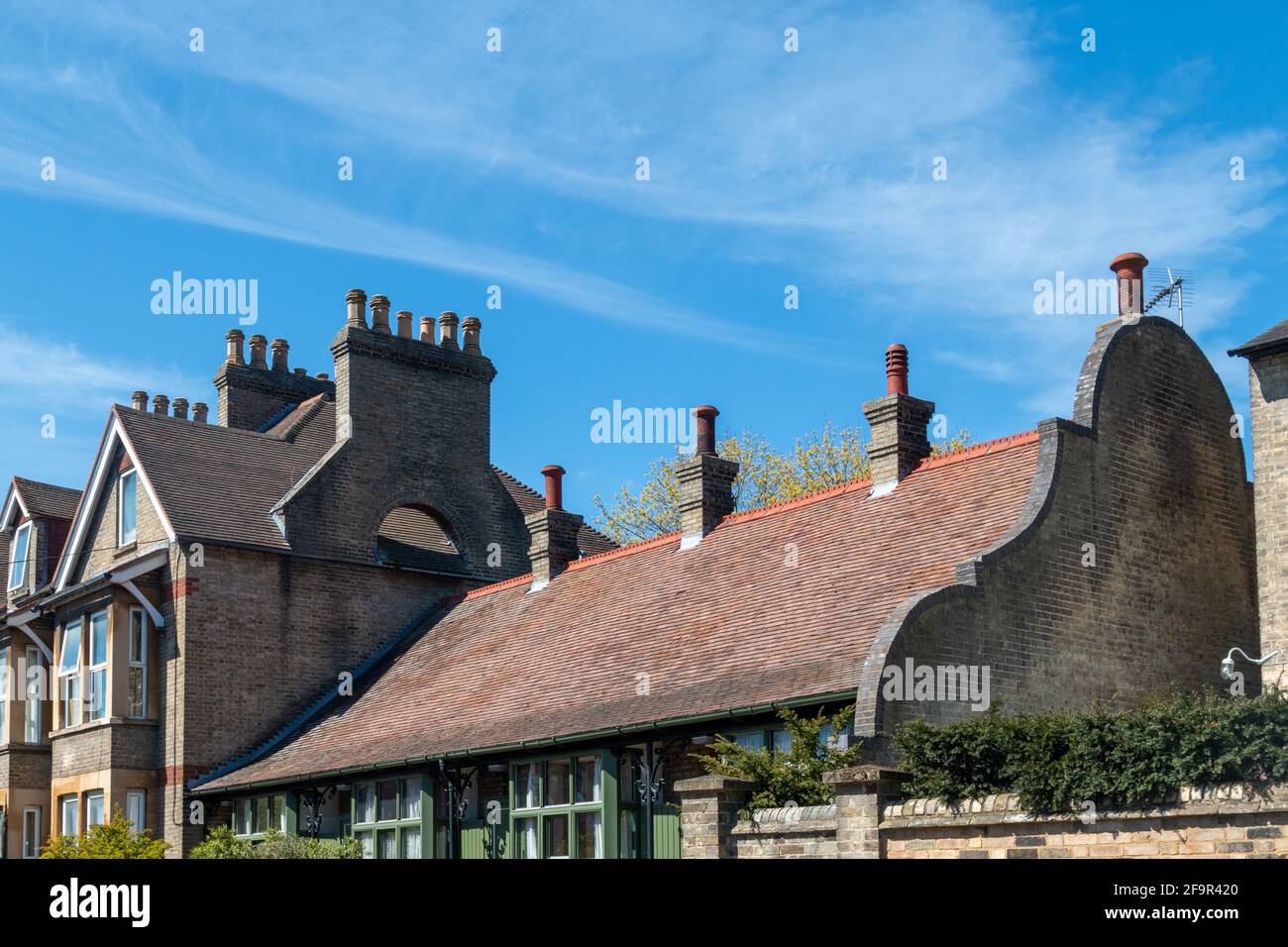 Fancy, curved, brick gable wall on the Mansfield Almshouses on Church
