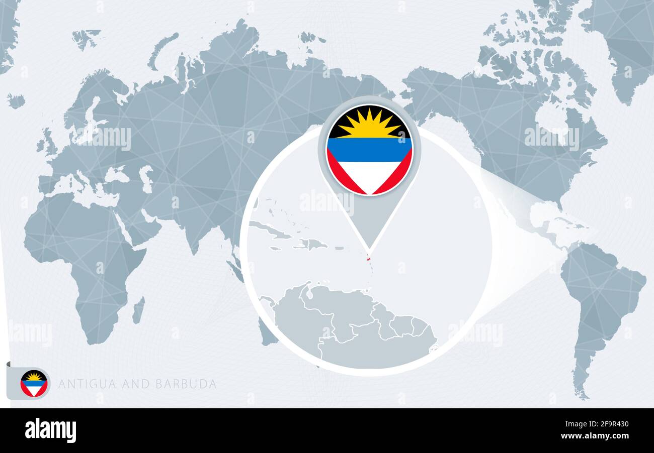 Pacific Centered World map with magnified Antigua and Barbuda. Flag and ...