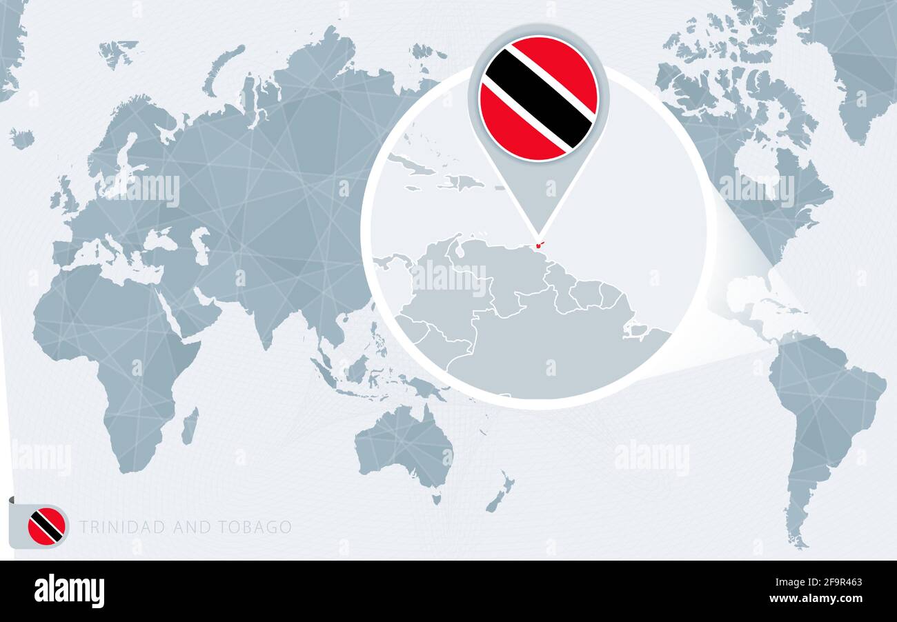 Pacific Centered World map with magnified Trinidad and Tobago. Flag and