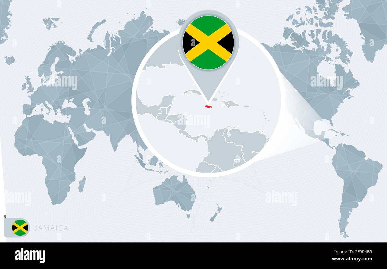Pacific Centered World Map With Magnified Jamaica Flag And Map Of Pacific Centered World Map With Magnified Jamaica Flag And Map Of Jamaica On Asia In Center World Map 2F9R4B5