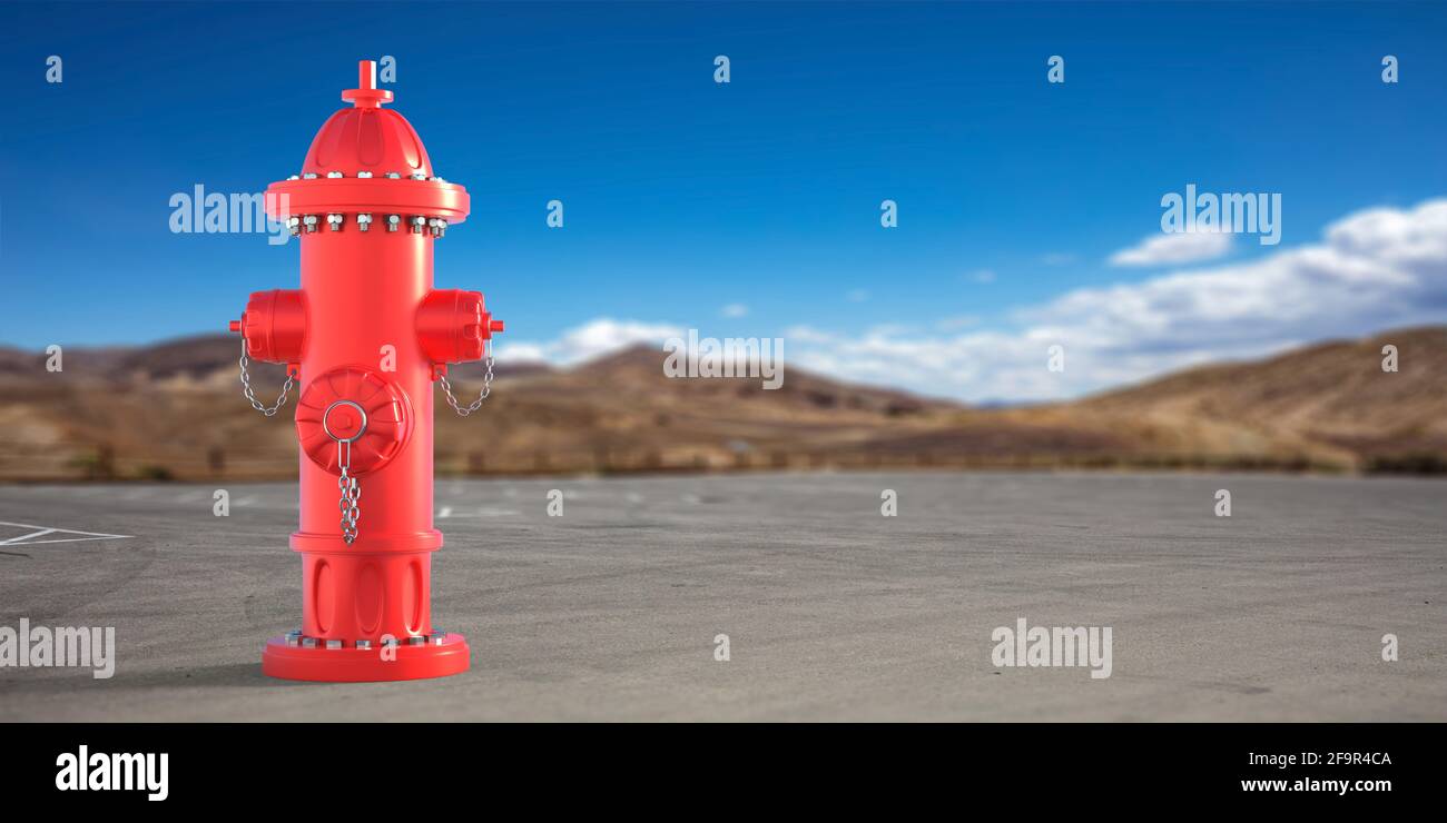 Fire hydrant red color outdoors, on concrete parking area, blue sky and