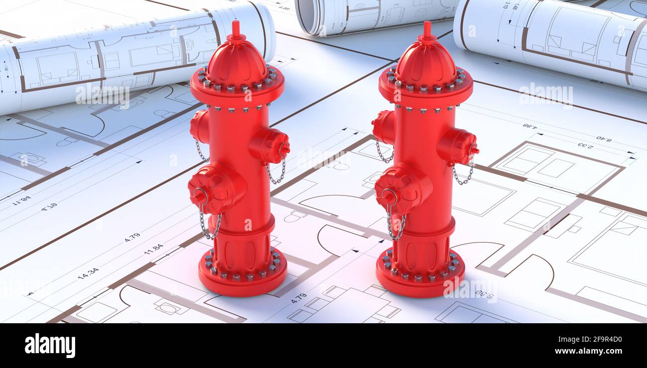 Fire hydrants red color on blueprints drawings background. City