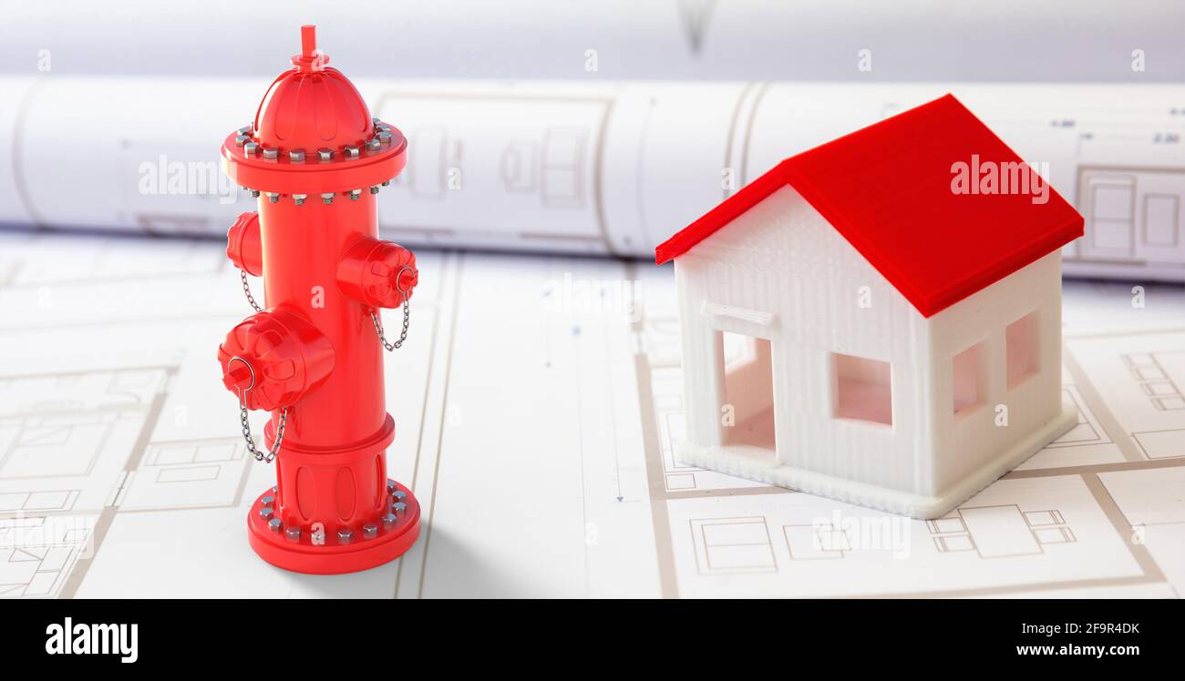 Fire hydrant red color and a house model on blueprints drawings