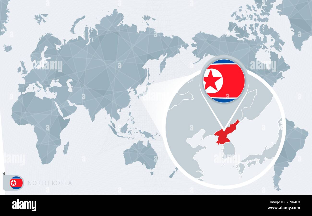 Pacific Centered World Map With Magnified North Korea Flag And Map Of Pacific Centered World Map With Magnified North Korea Flag And Map Of North Korea On Asia In Center World Map 2F9R4EX 