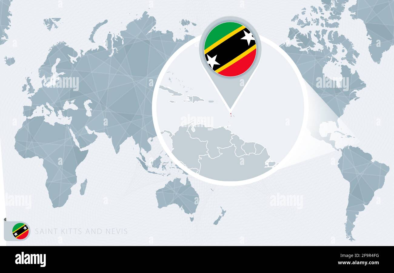 Pacific Centered World Map With Magnified Saint Kitts And Nevis Flag Pacific Centered World Map With Magnified Saint Kitts And Nevis Flag And Map Of Saint Kitts And Nevis On Asia In Center World Map 2F9R4FG 