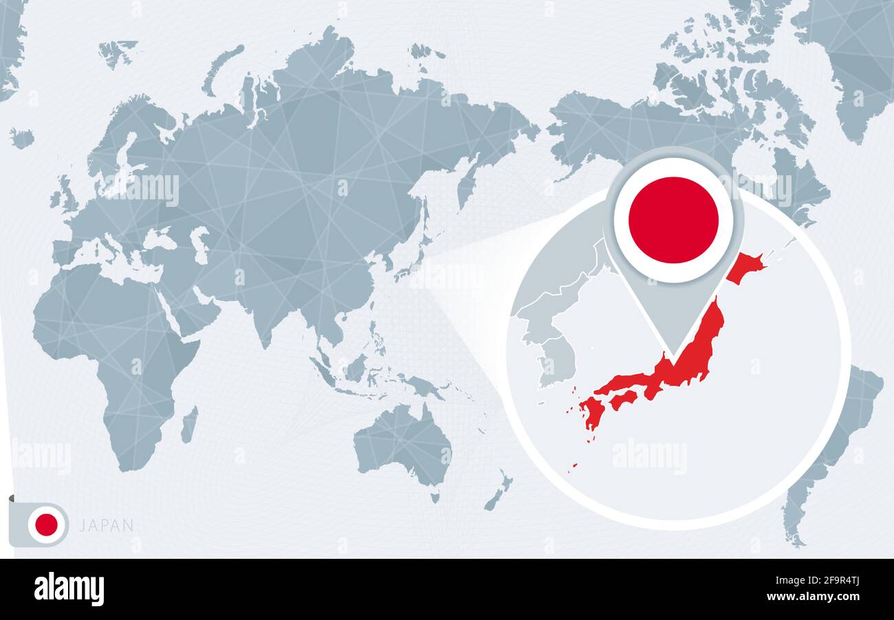 Pacific Centered World map with magnified Japan. Flag and map of Japan on Asia in Center World