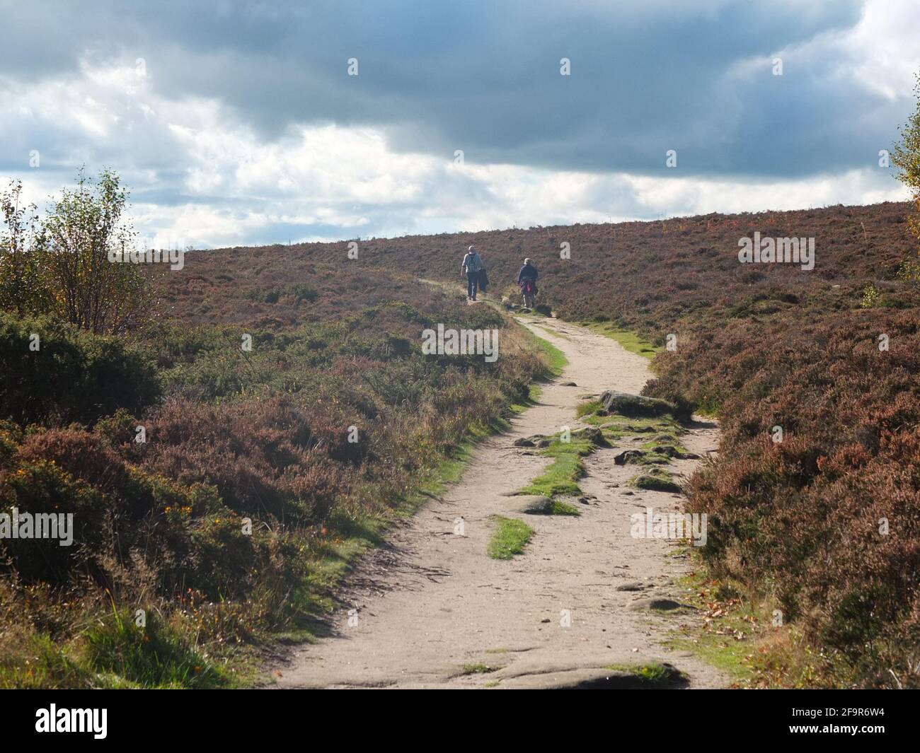 A pair of walkers on a path on Stanton Moor near Matlock in Derbyshire Peak District in October with browning heather on either side of the path Stock Photo
