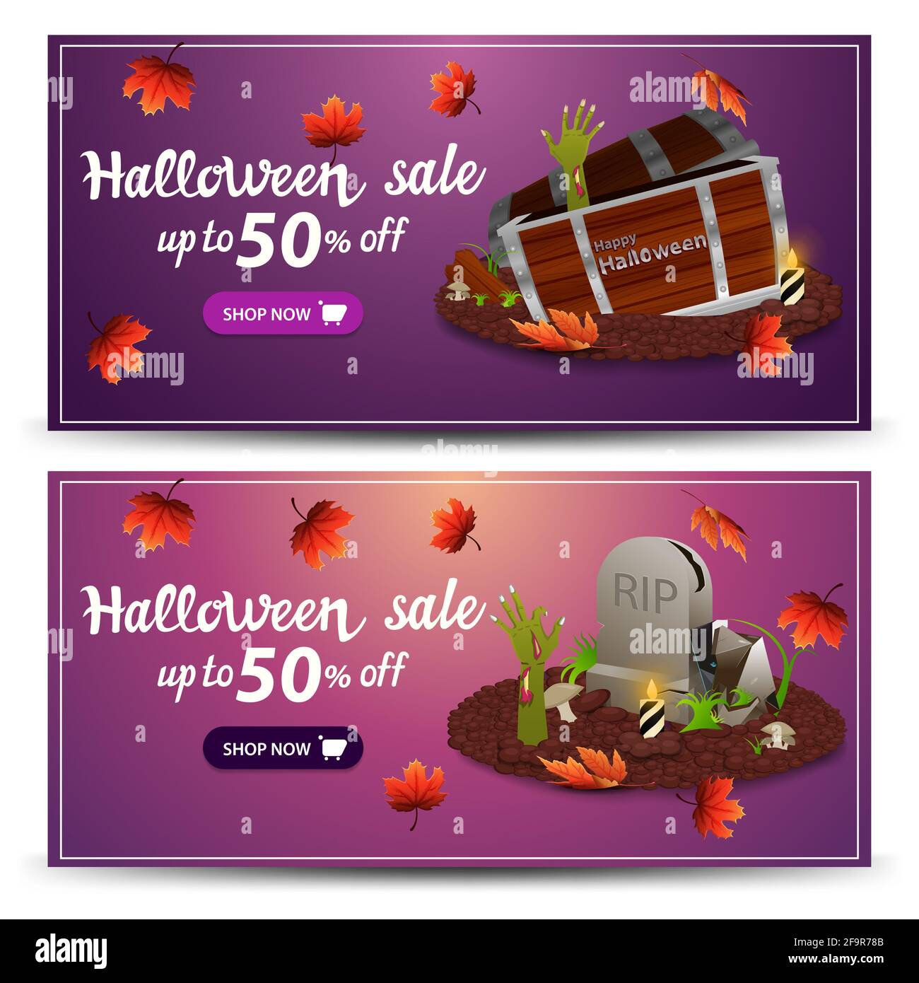 Set Halloween discount banners, up to 50 off. Pink and purple discount banners for your business Stock Photo